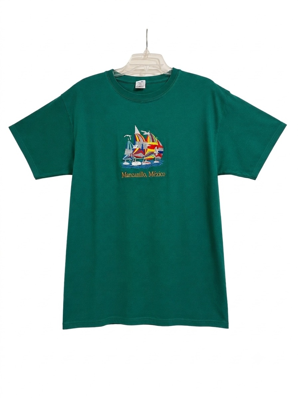 Vintage Yazbek Mexico Embroidered Sailboat T-Shirt Green 100% Cotton Men’s Large